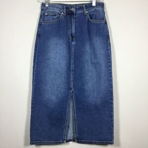Blue denim cotton maxi pencil skirt front slit western chores prairie size Small